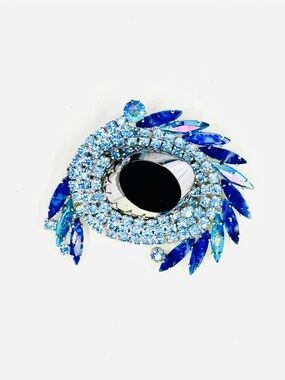 Alice Caviness Rare Vintage Black Glass Cabochon & Blue Rhinestones Brooch